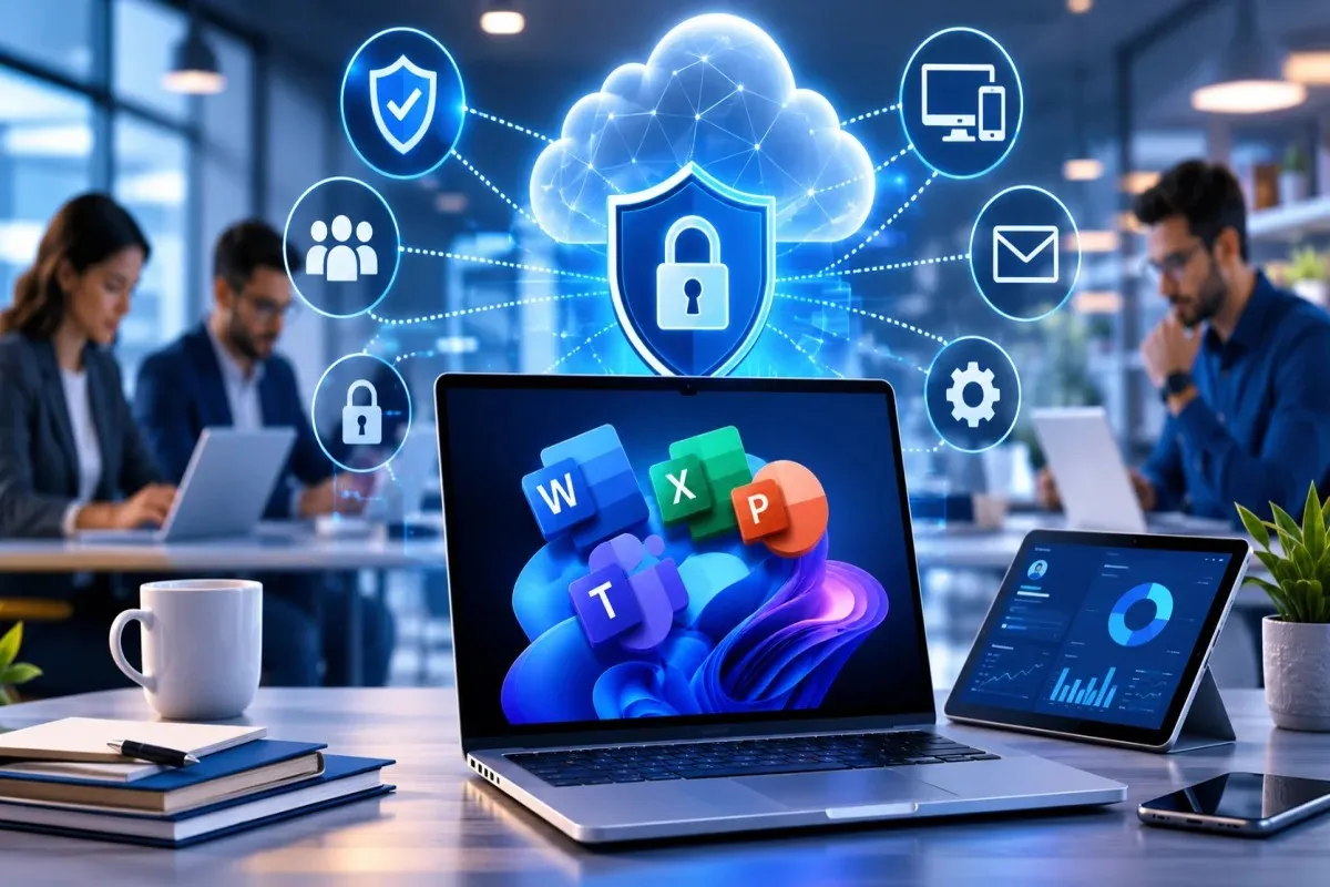 Microsoft 365 enterprise workspace featuring cloud productivity, cybersecurity protection, AI management tools, and secure business collaboration.