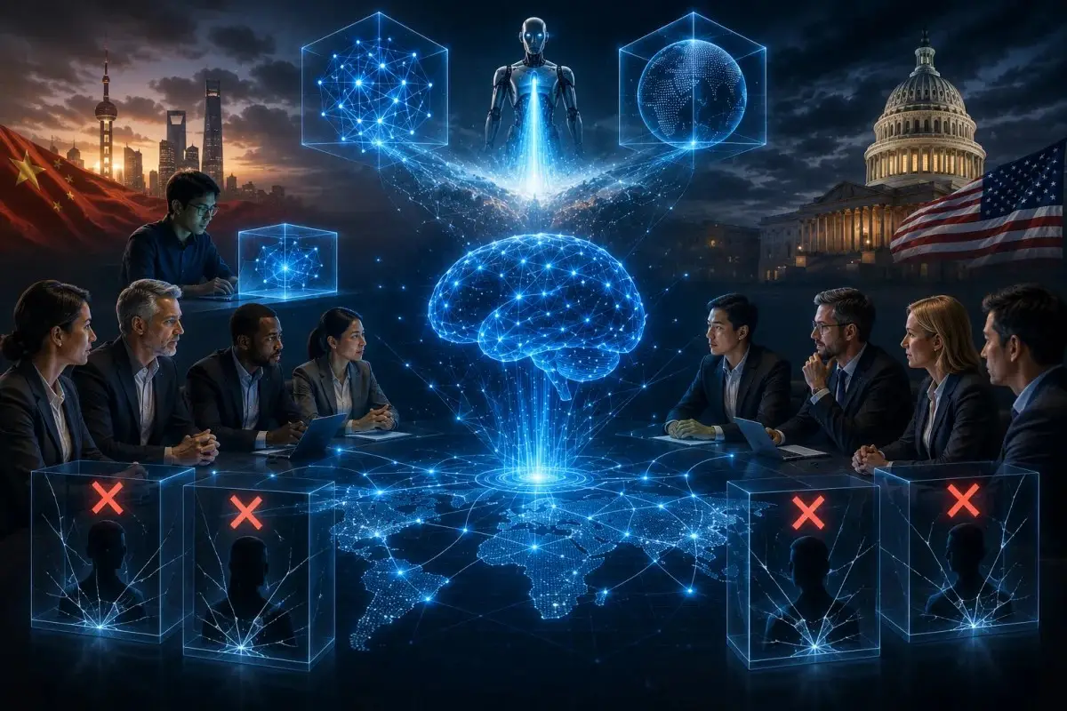 Microsoft open weight AI policy debate illustrated with global AI collaboration, enterprise technology, and advanced digital infrastructure.