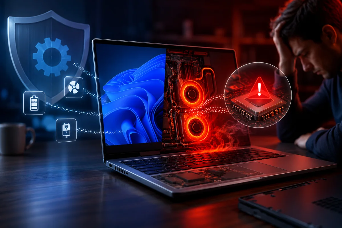 Microsoft update causing a Dell Windows 11 laptop to overheat due to a driver conflict, resulting in battery drain and unexpected shutdown issues.