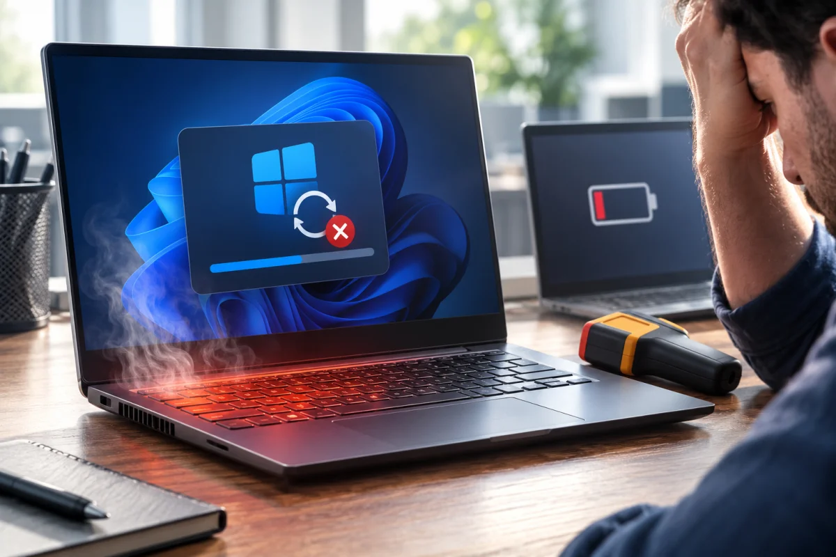Microsoft update causing overheating, battery drain, and shutdown problems on a Dell Windows 11 laptop during installation.