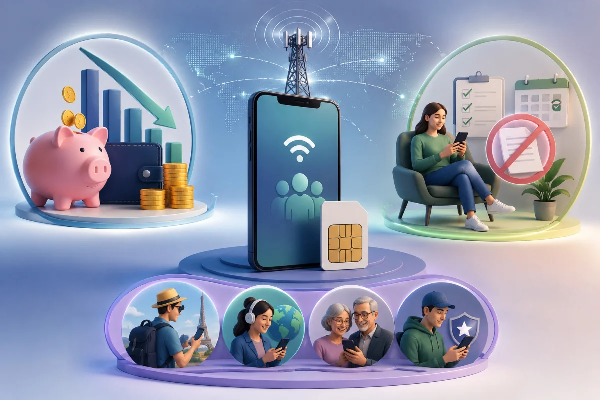Mobile Virtual Network illustration featuring a smartphone, SIM card, cellular tower, savings chart, flexible subscription management, travelers, families, remote workers, and secure wireless connectivity across a global digital network.