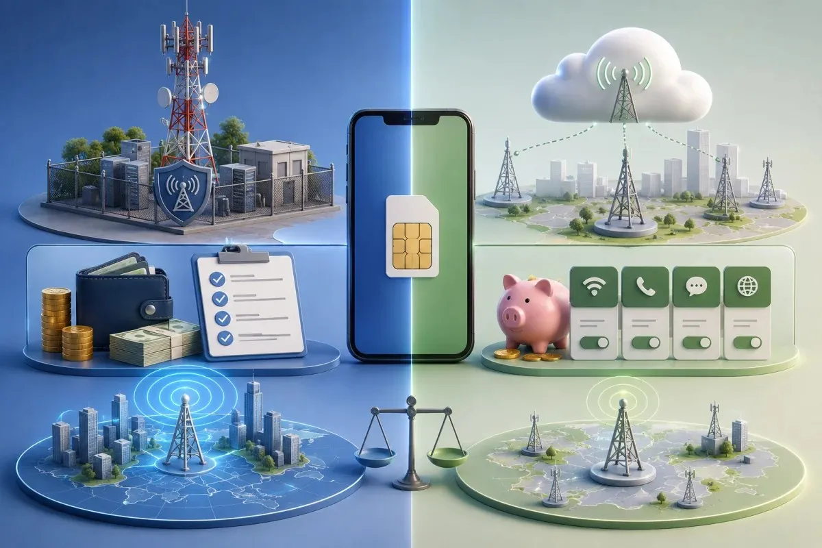 A premium 3D illustration of a mobile virtual network comparison showing an MVNO using a host carrier's infrastructure alongside an MNO with its own cellular towers, emphasizing differences in ownership, flexible pricing, and network coverage without any text.