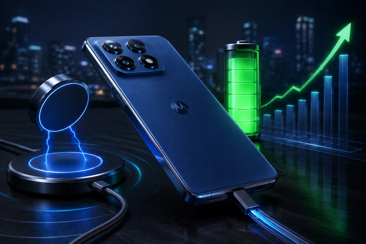 Motorola Edge 70 Max featuring a large battery, fast wired charging, magnetic wireless charging, and premium flagship design representing its competitive market position.