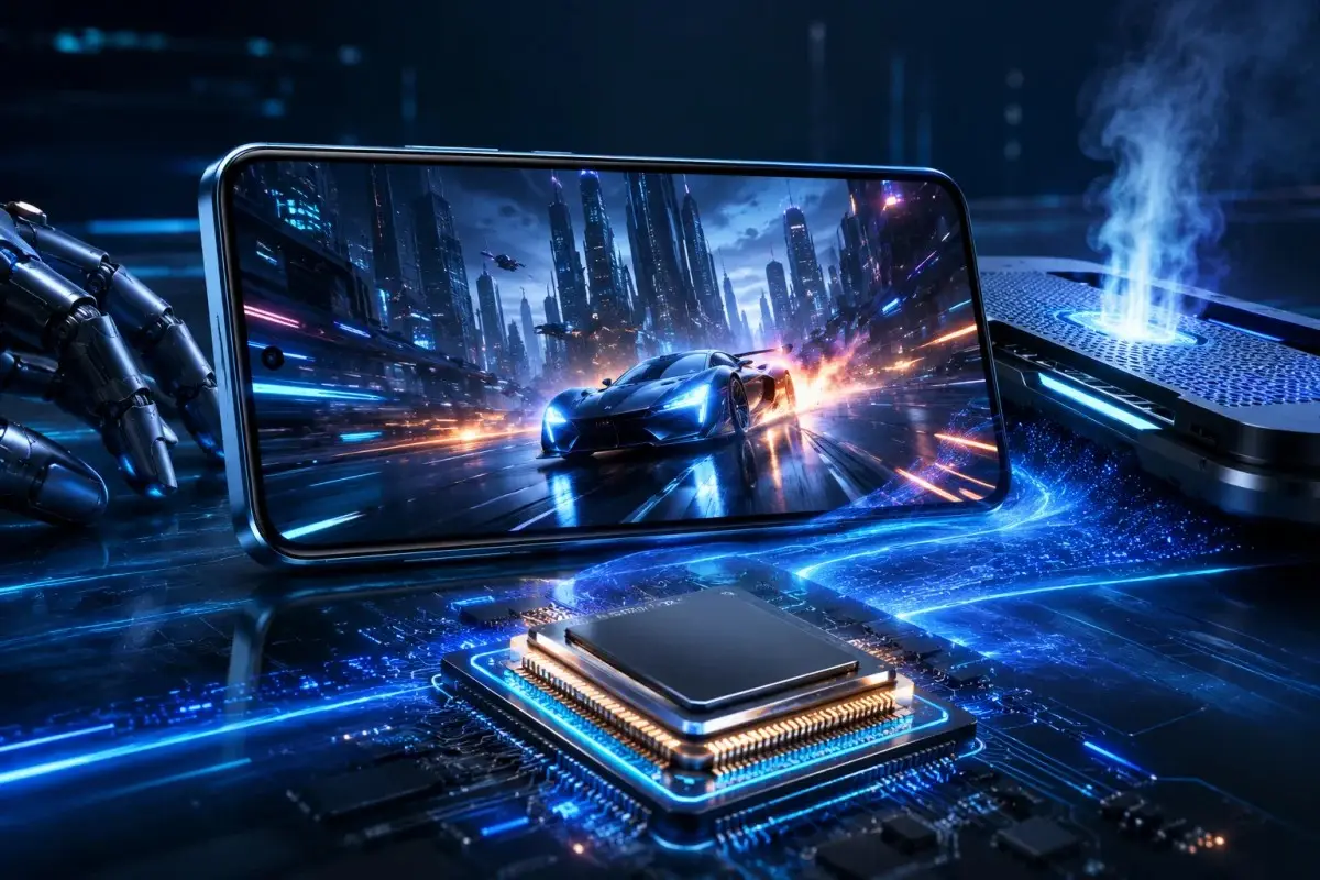 Motorola Edge 70 Max showcasing its Quad HD LTPO AMOLED display, Snapdragon 8 Gen 5 processor, AI performance, and advanced cooling system for gaming.