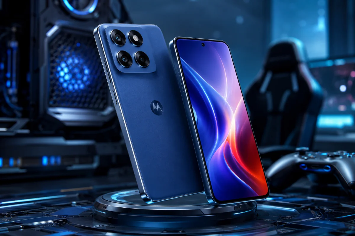 Motorola Edge 70 Max premium flagship smartphone with modern flat-edge design in a futuristic technology environment representing its India launch.