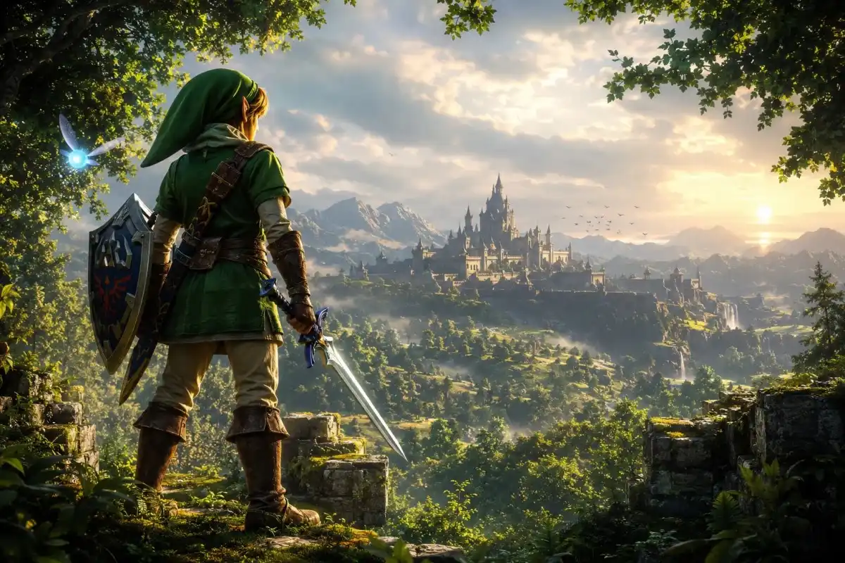 Ocarina Of Time Remake hero overlooking a fantasy kingdom representing the GameStop pre-order leak and Nintendo Switch 2 anticipation