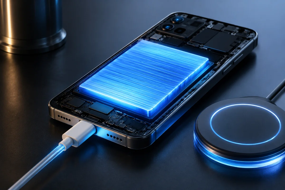 OnePlus 16 concept showing a large internal battery with wired and wireless charging technology in a premium editorial illustration.