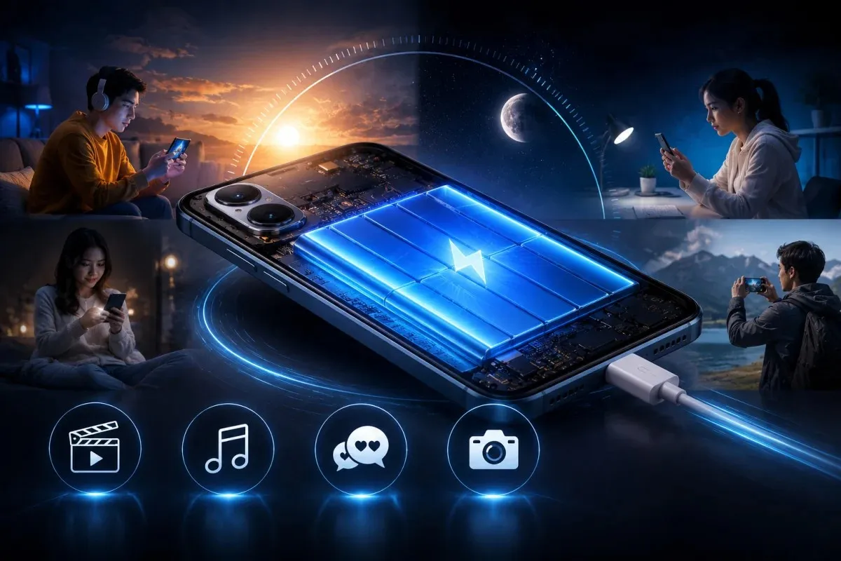 OnePlus N6x with a large internal 7000mAh battery representing long battery life for video, music, social media, and camera use.