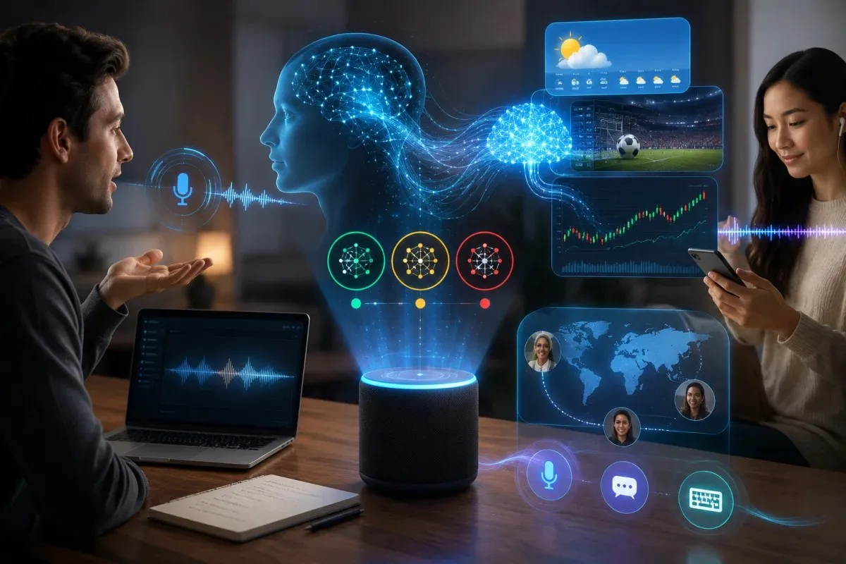 OpenAI GPT-Live visualizing real-time voice conversations, advanced AI reasoning, multilingual translation, weather and sports information cards, stock market insights, and seamless voice-to-text interaction.
