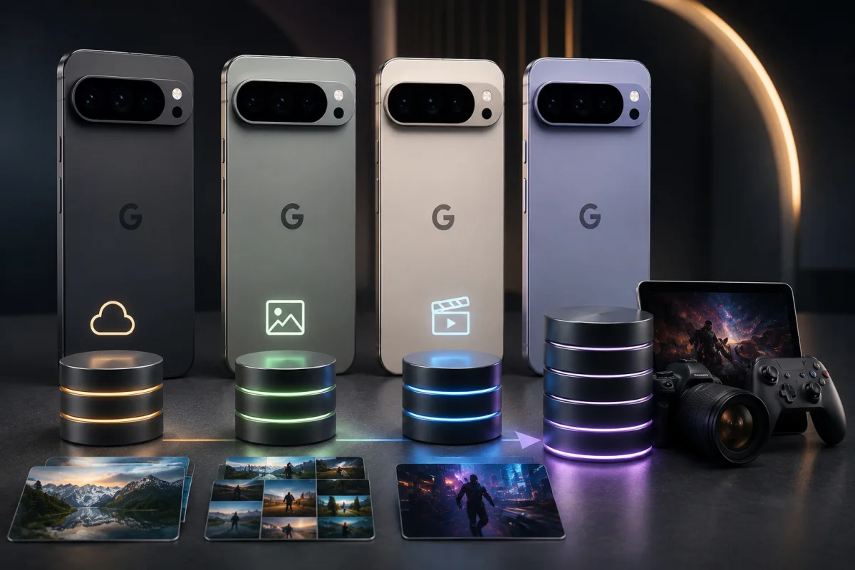 Multiple Pixel 11 Pro color variants and storage configurations displayed with visual indicators representing photography, video, gaming, cloud storage, and media usage.