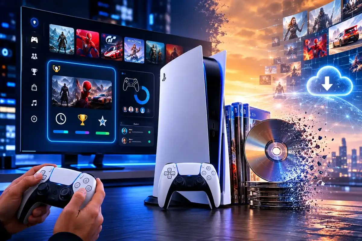 PlayStation 5 console with a weekly gaming summary dashboard and visual representation of the transition from physical game discs to digital game distribution.