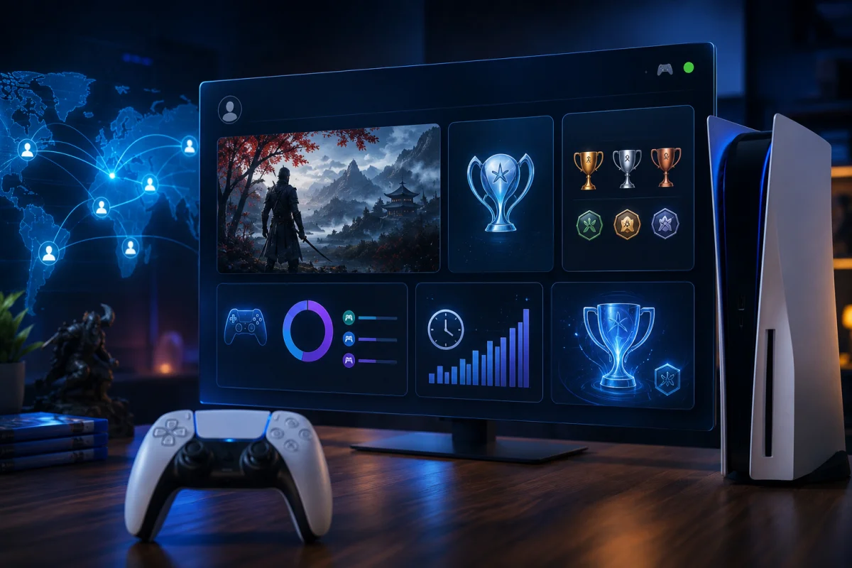 PlayStation 5 console surrounded by physical game discs transitioning into a digital gaming ecosystem with downloadable games and cloud-based distribution.