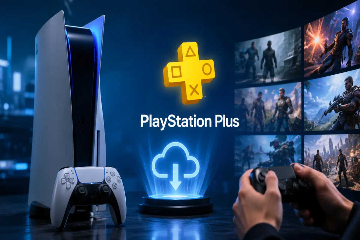 PlayStation 5 console with PlayStation Plus logo, cloud download icon, and digital game library screens highlighting the future of digital gaming and PlayStation Plus subscriptions.