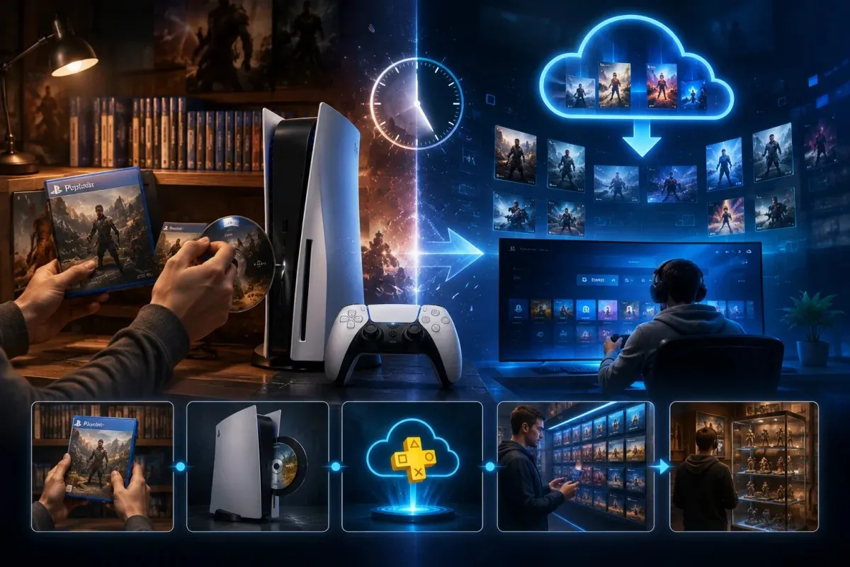 PlayStation Plus illustration depicting the transition from physical PlayStation game discs to digital game libraries, showing disc-compatible consoles, digital downloads, cloud gaming, and the future of PlayStation's digital-first ecosystem.