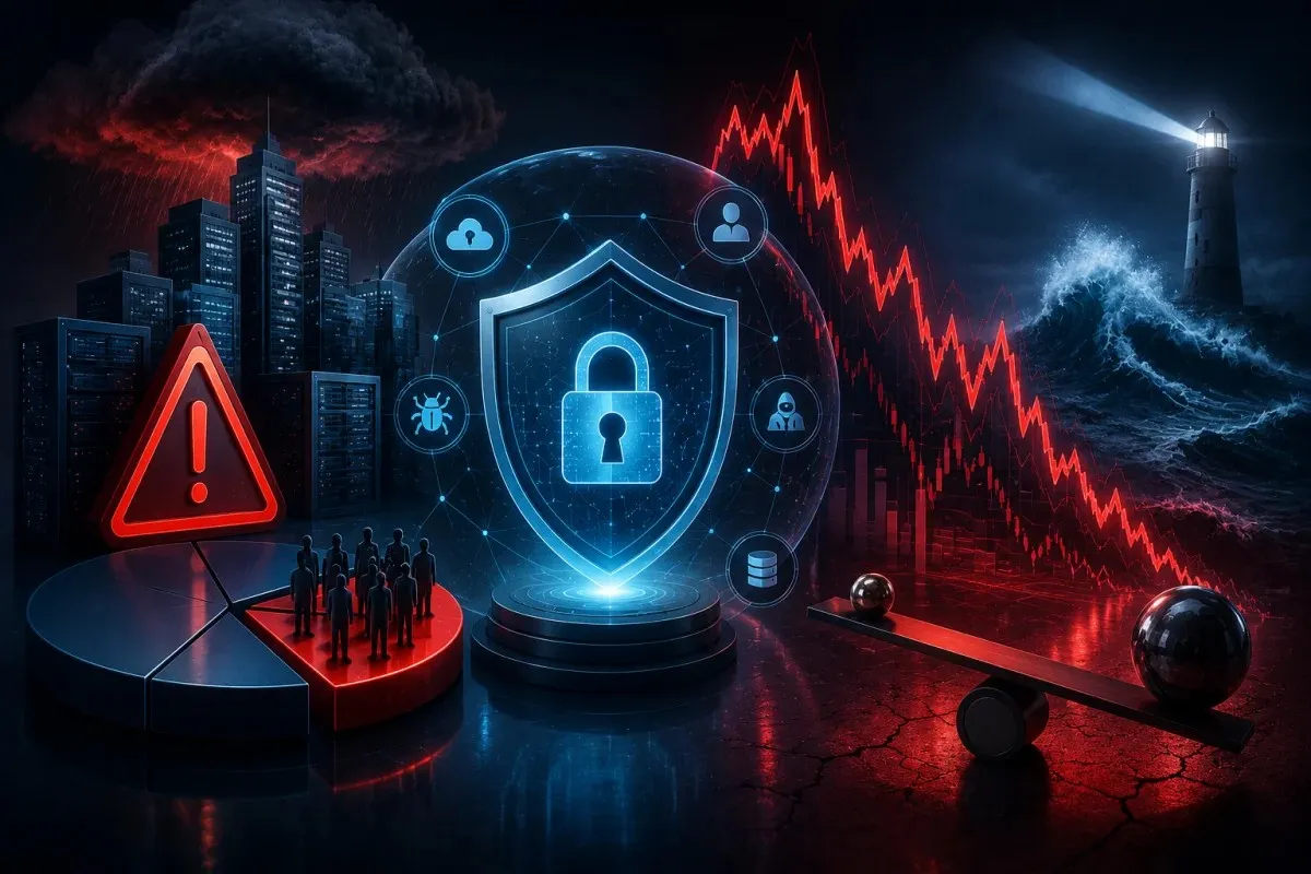 Editorial illustration depicting cybersecurity ETF risks including sector concentration, leveraged investment volatility, market uncertainty, and digital security exposure.