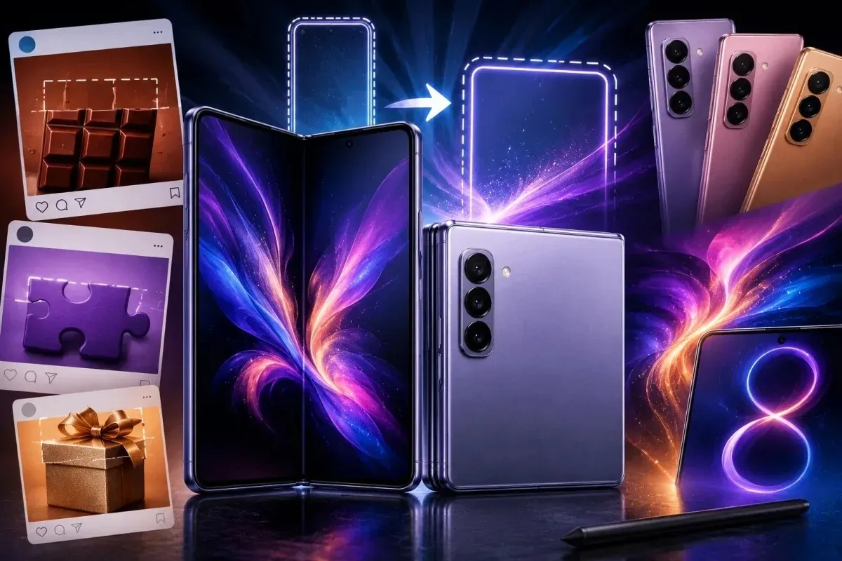 Creative illustration showing Samsung's upcoming foldable phone with a wider new shape, teaser-inspired design elements, premium colors, and a modern foldable smartphone concept representing Samsung's latest redesign.