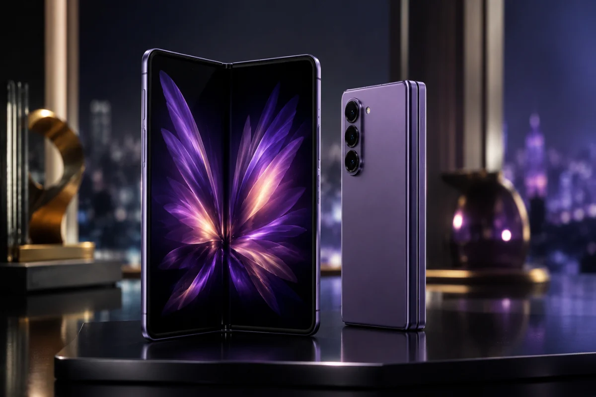 Ultra-realistic illustration of Samsung's next foldable phone featuring a wider and shorter foldable design with a premium purple finish, representing the company's upcoming foldable smartphone redesign.