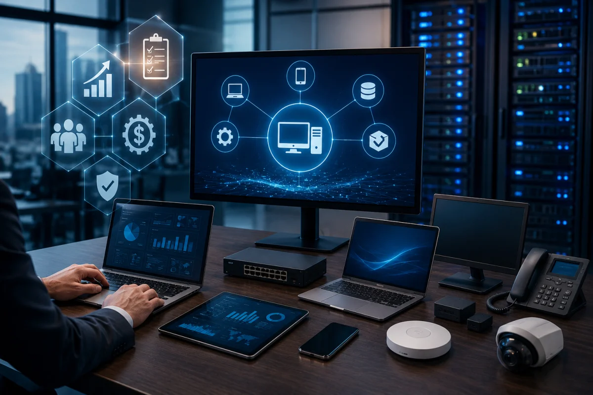 Software and hardware asset management showing enterprise devices, servers, inventory tracking systems, and centralized IT monitoring for efficient business technology management.