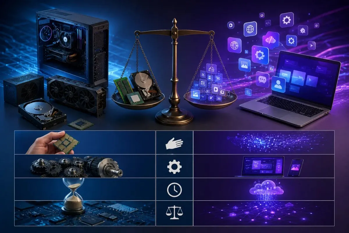Software and hardware comparison showing physical computer components alongside digital software interfaces to illustrate key differences in function, tangibility, and lifespan.