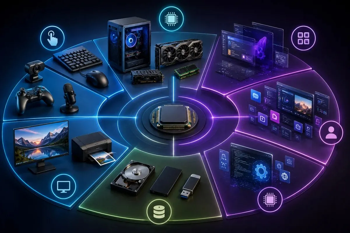 Software and hardware types illustrated with input, output, storage, processing hardware and system software, application software, and firmware in a modern technology environment.