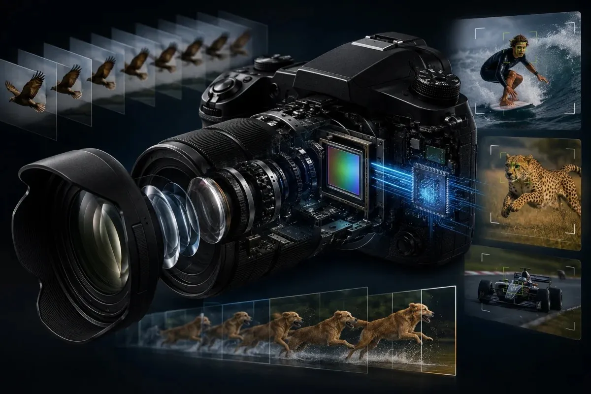 Sony RX10 V illustrating advanced autofocus, high-speed image processing, and a versatile superzoom lens tracking wildlife and action subjects.