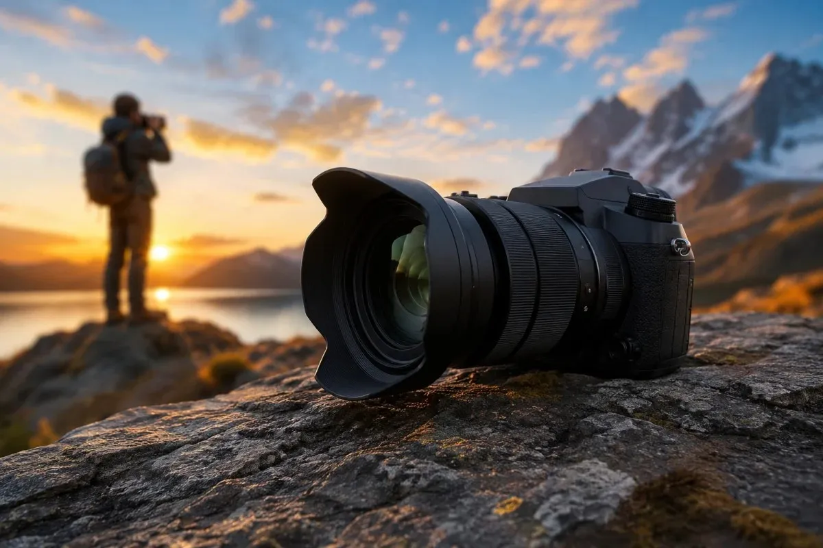 Sony RX10 V premium superzoom camera featured in an outdoor landscape with a photographer capturing mountain scenery.