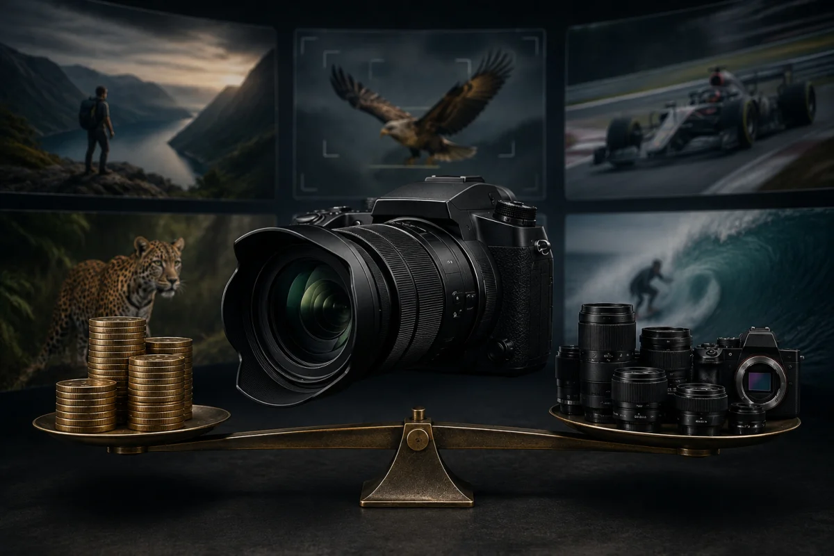 Sony RX10 V illustrated with a balance scale comparing its premium price and all-in-one superzoom value against interchangeable camera equipment.