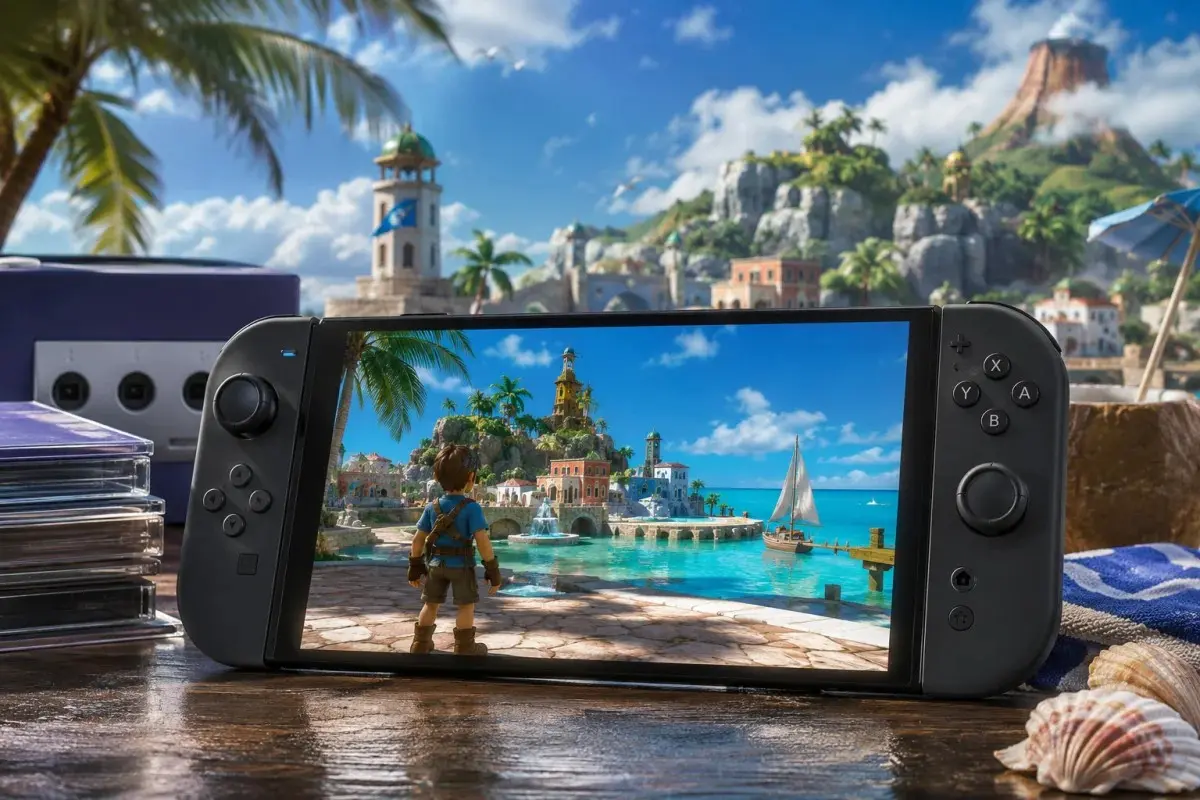 Super Mario Sunshine tropical Isle Delfino adventure on a modern handheld console