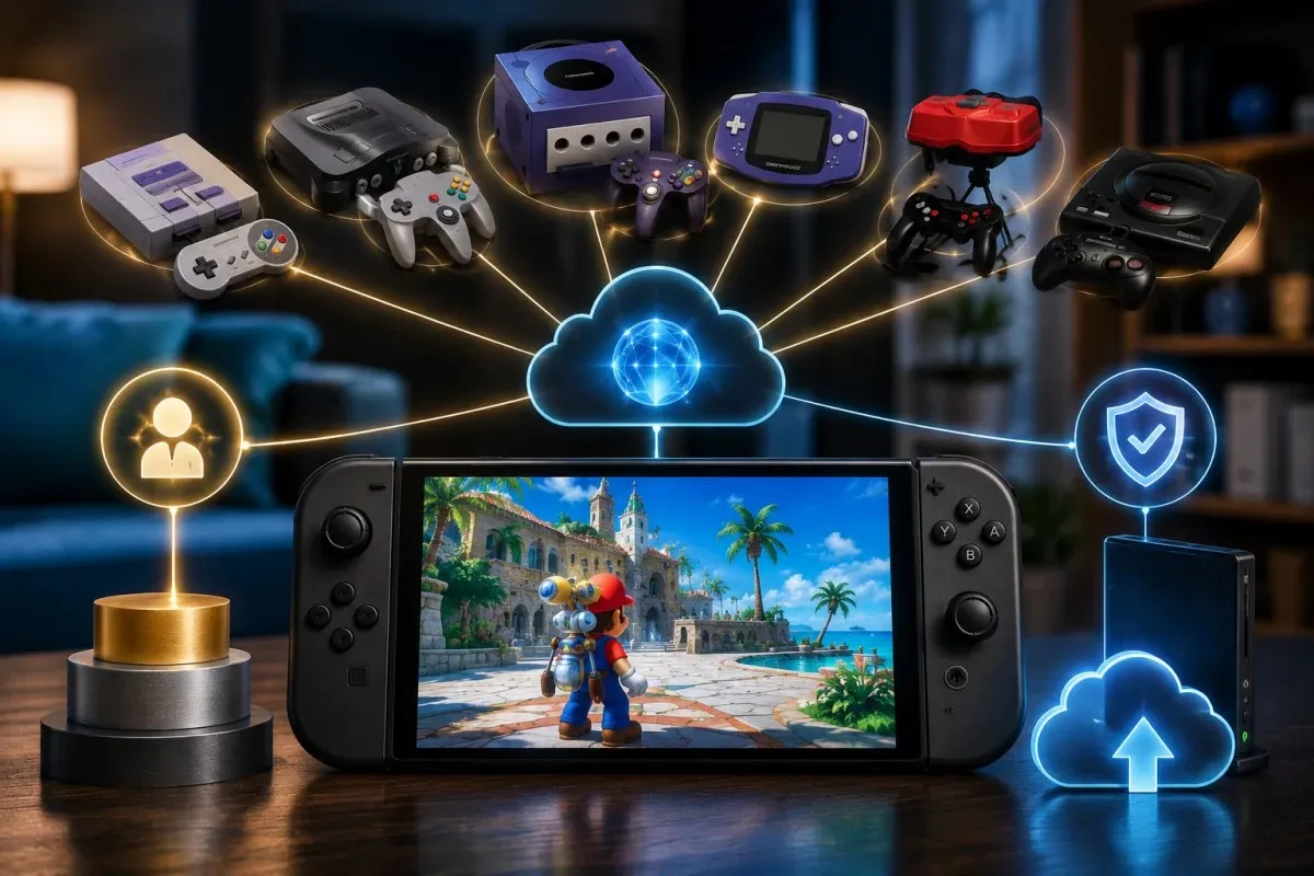 Super Mario Sunshine on Switch 2 with retro game library and cloud access