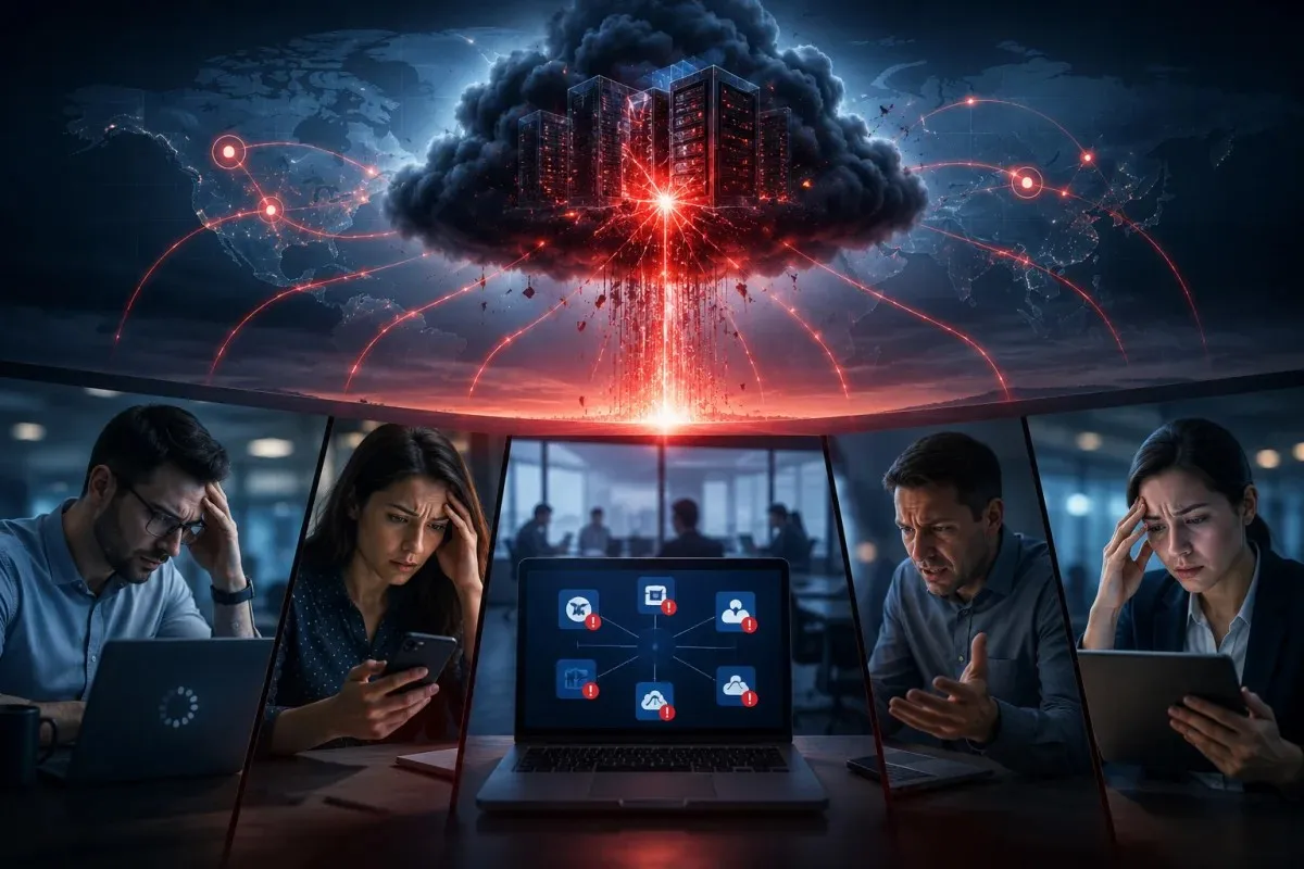 Teams outage showing a widespread cloud infrastructure failure affecting connected workplace services and users