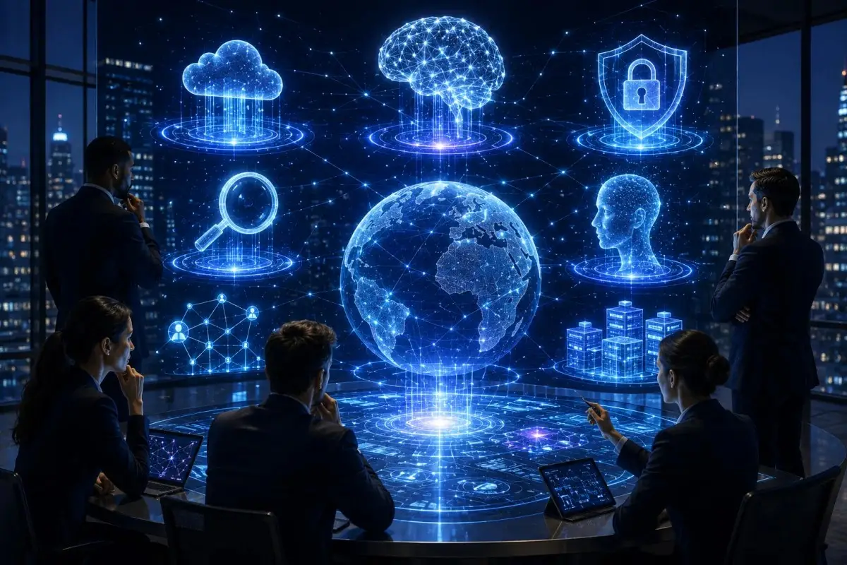 Types of enterprise technology including cloud computing, enterprise networking, blockchain systems, enterprise search, and enterprise security technologies.
