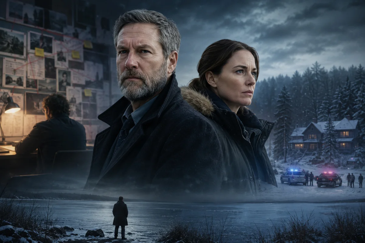 Two detectives stand in a snowy wilderness crime investigation scene with a frozen lake, police vehicles, and a mystery board, capturing the dark atmosphere and character-driven investigative style that True Detective fans often seek in Cardinal.