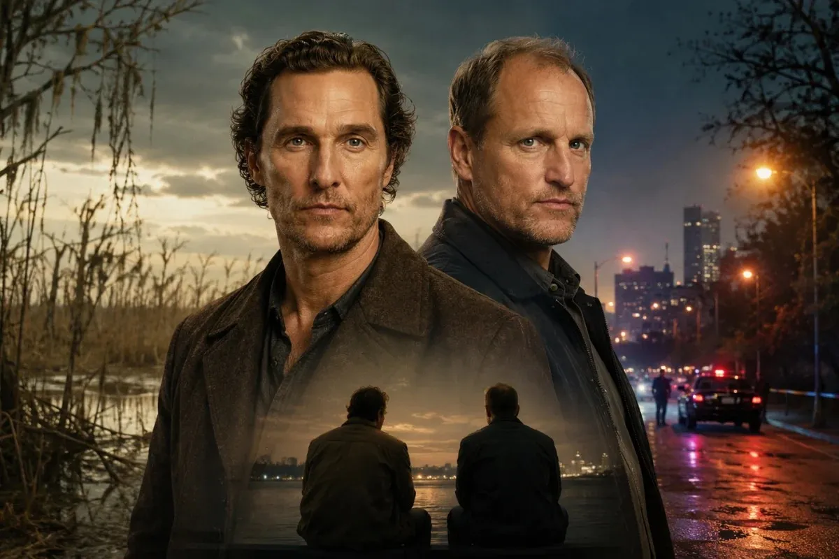 Matthew McConaughey and Woody Harrelson in a dramatic True Detective-inspired scene with a Louisiana swamp, city crime investigation backdrop, and cinematic atmosphere reflecting their iconic television partnership.