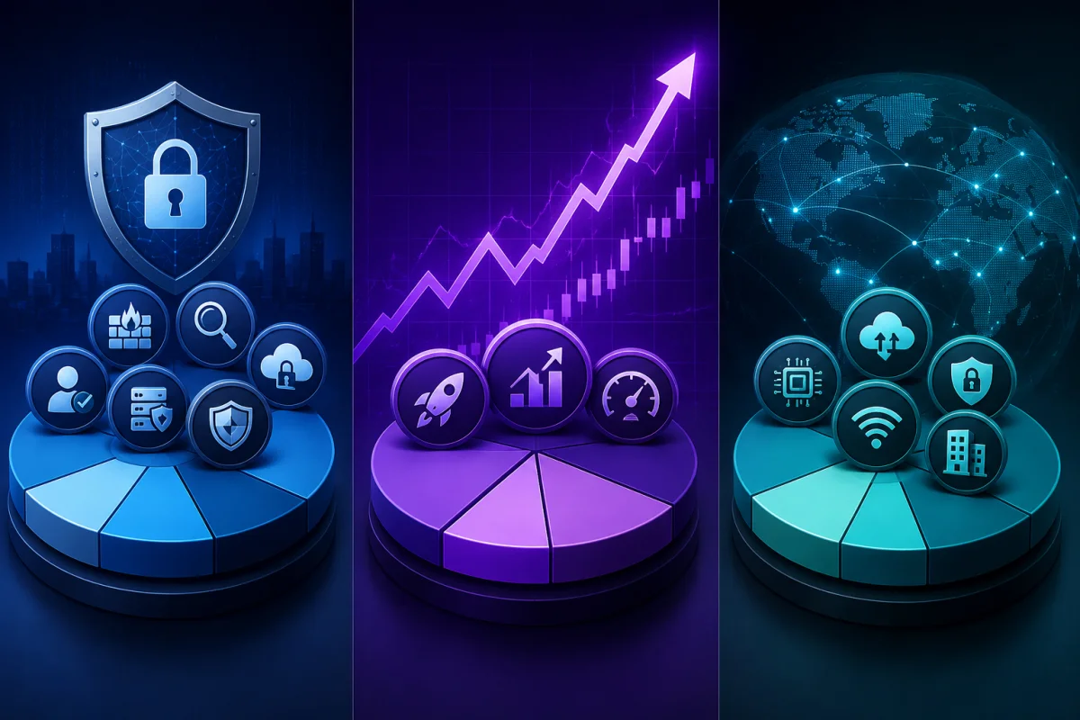 Futuristic illustration representing standard, leveraged, and broad technology cybersecurity ETFs with digital security, investment growth, and diversified technology concepts.