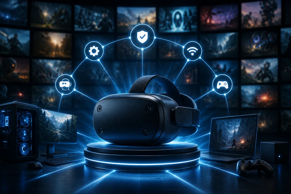 Valve Steam Frame headset connected to a gaming ecosystem with PC gaming, wireless streaming, VR compatibility, and software verification features.