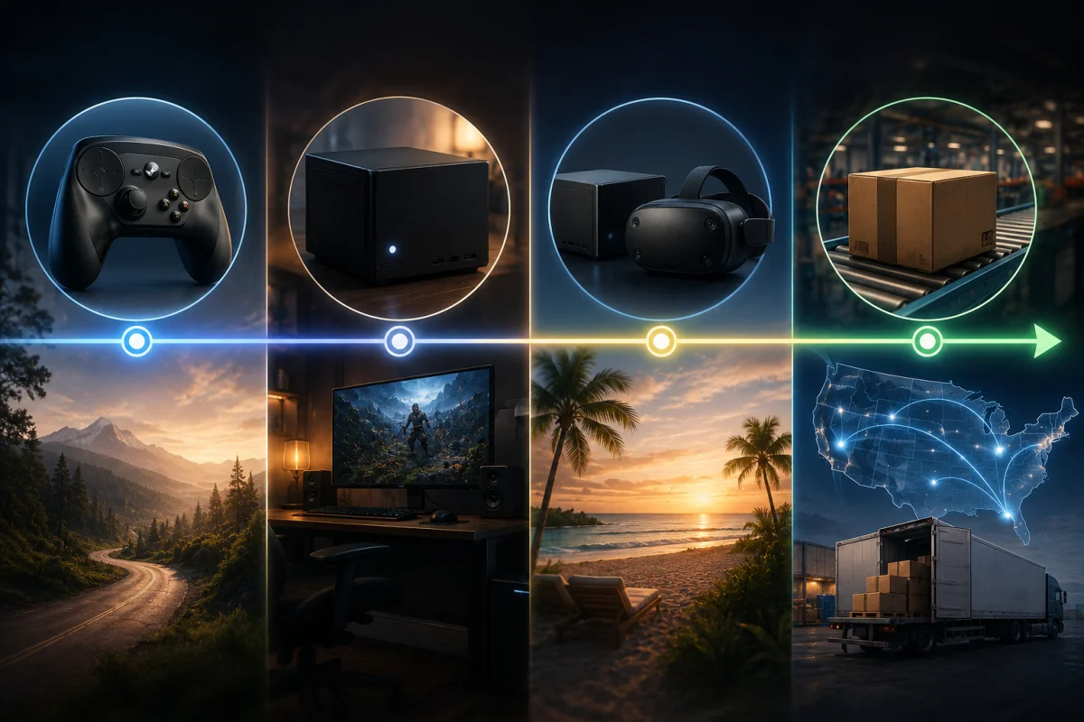 Valve Steam Frame release timeline showing hardware launches, summer roadmap milestones, and shipment arrivals supporting an upcoming headset release.