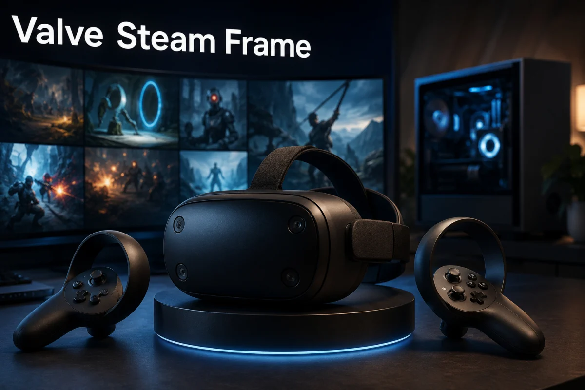 Valve Steam Frame VR headset and controllers displayed in a modern gaming setup representing Steam storefront compatibility and upcoming launch readiness.