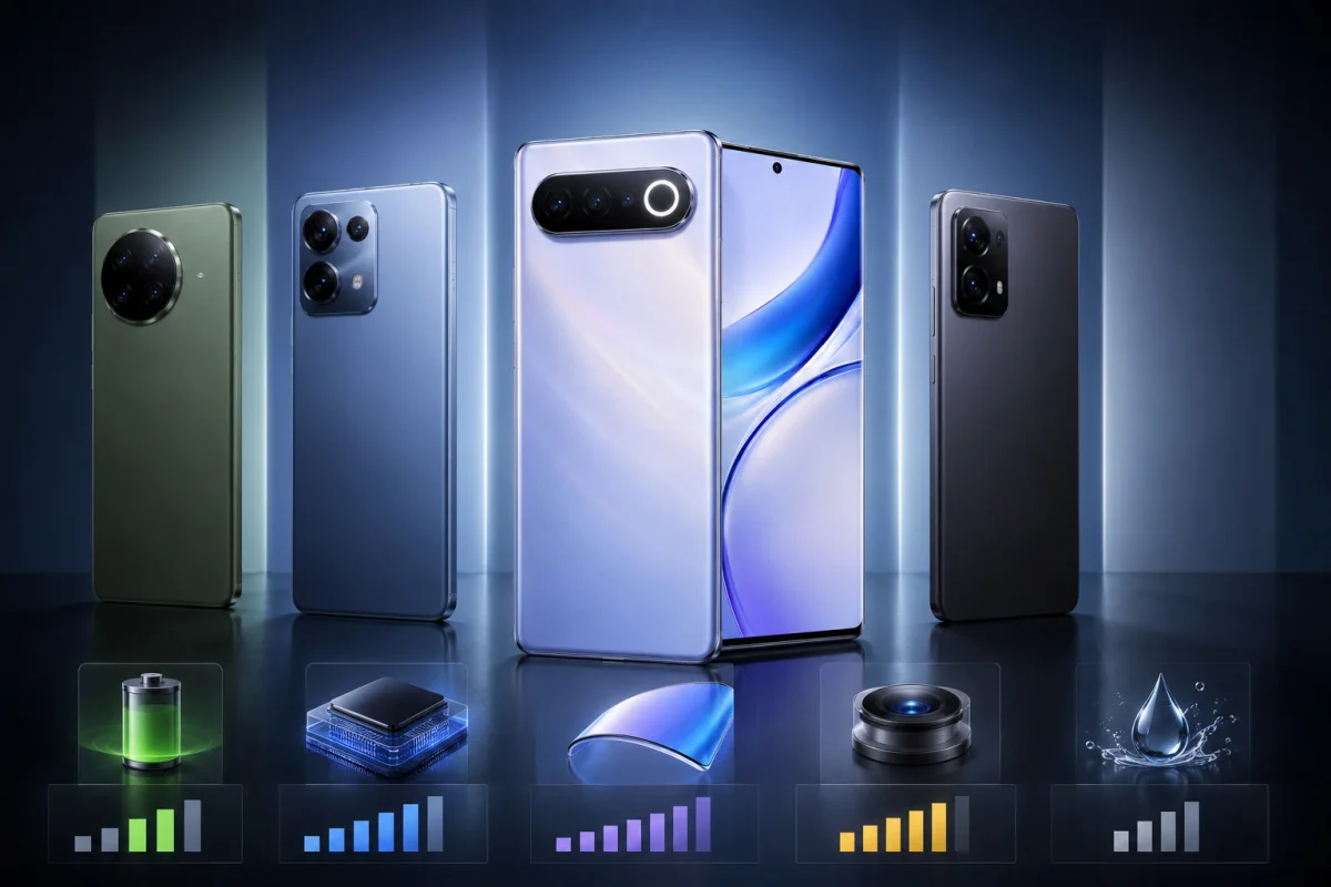 Vivo S2 compared with rival smartphones, highlighting its curved display, massive battery, camera system, performance, and premium design in the mid-range segment.