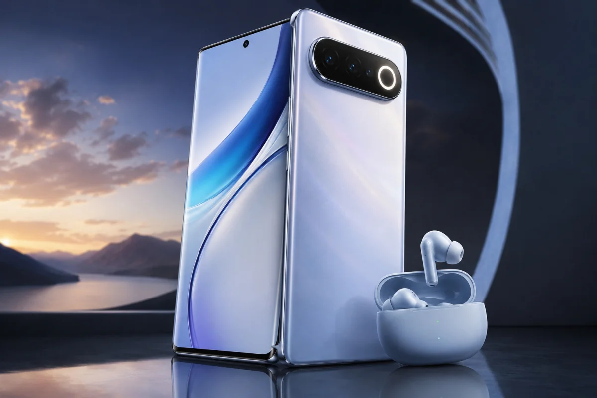 Vivo S2 premium smartphone with curved display, flagship-inspired camera design, and wireless earbuds representing the Vivo S2 India launch.