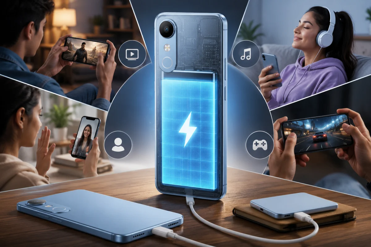 Vivo T5e smartphone showcasing its 5500mAh battery, long-lasting usage, charging capability, and all-day performance for entertainment and communication.