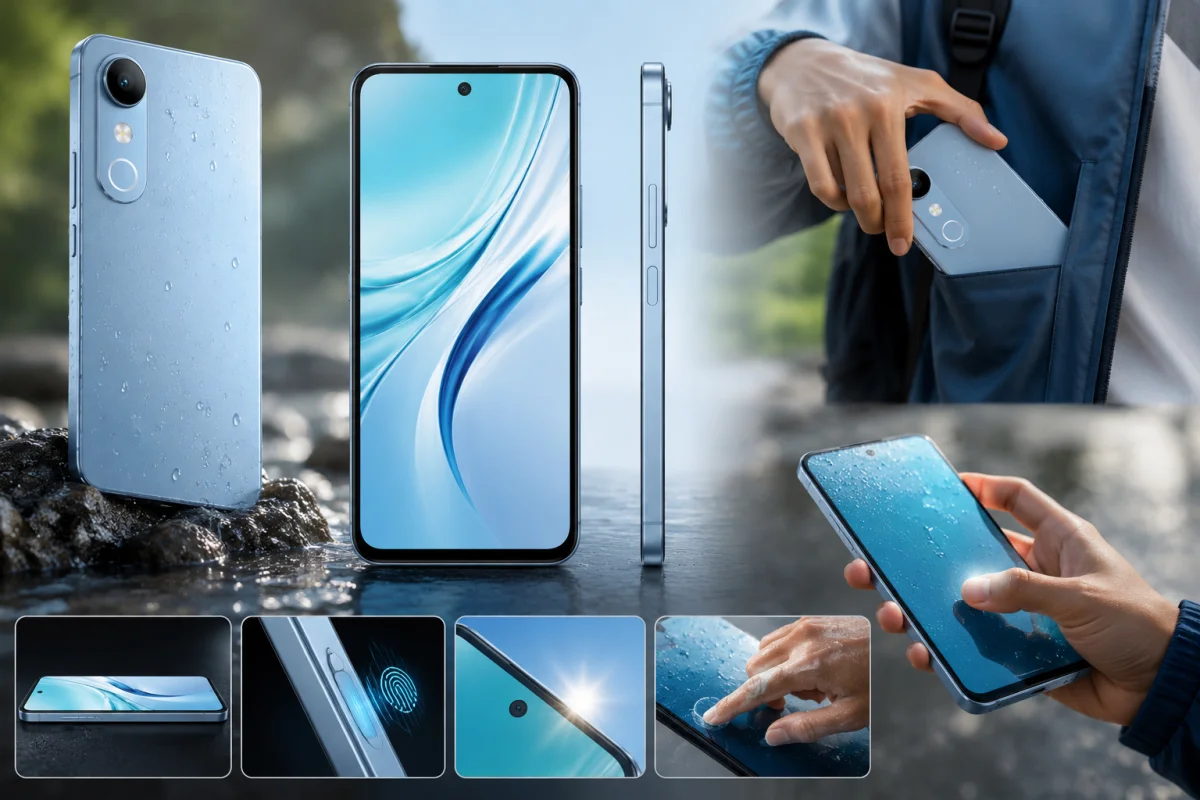 Vivo T5e showing its 90Hz display, slim design, fingerprint scanner, splash resistance, and durability features for everyday use.