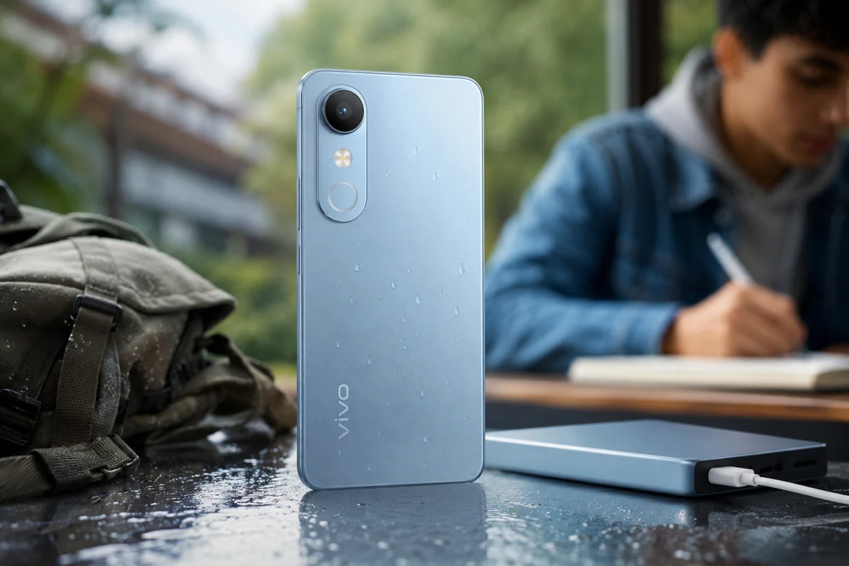 Vivo T5e smartphone featuring a durable design, large battery, and student-focused everyday usability in a modern lifestyle setting.