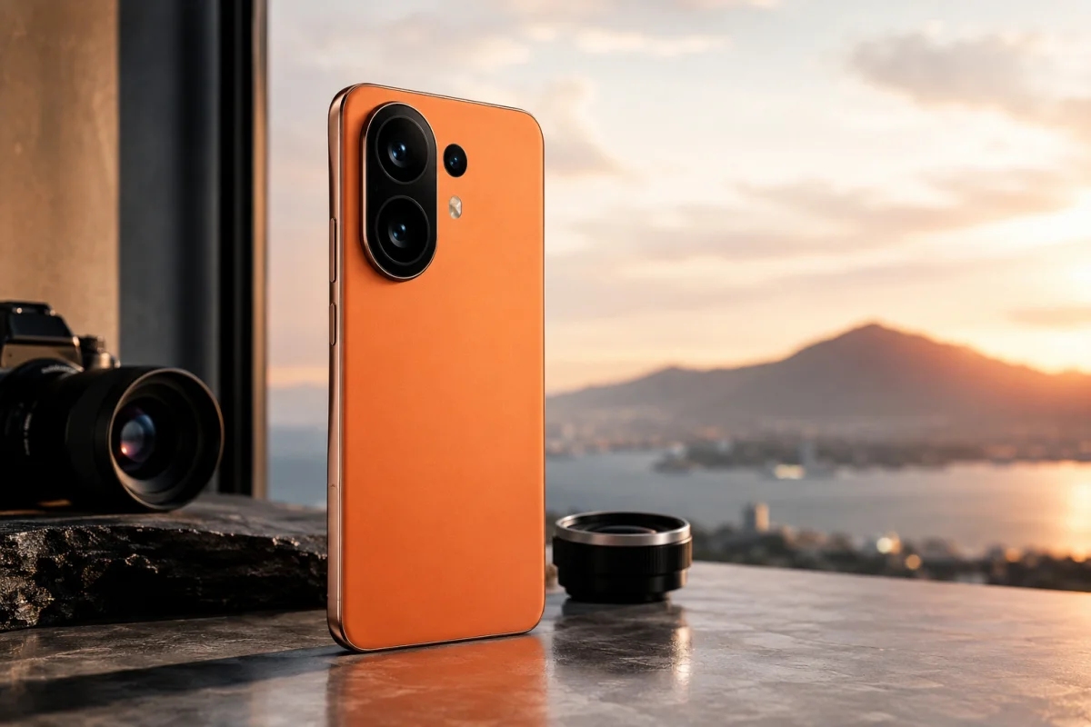 Vivo x300 e smartphone with premium orange finish and Zeiss camera design