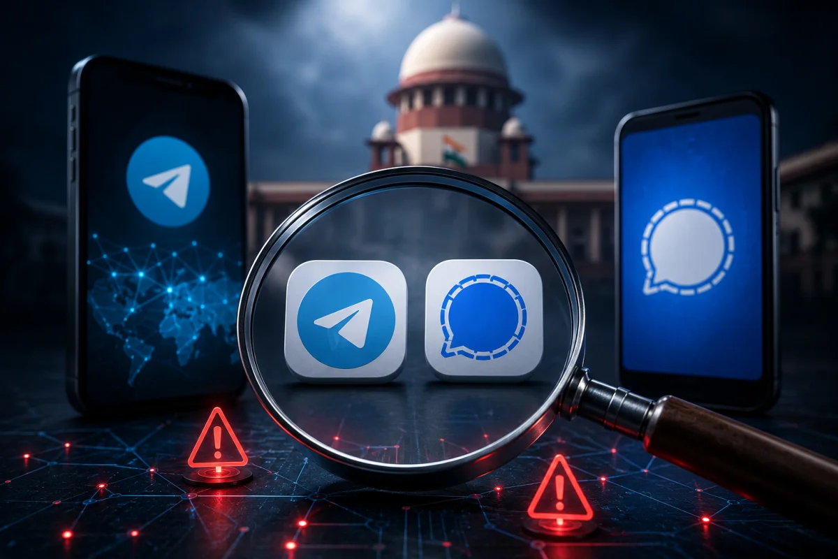 Illustration of the WhatsApp app with Telegram and Signal under regulatory review, highlighting cybersecurity, identity verification, and government scrutiny of username-based messaging features.