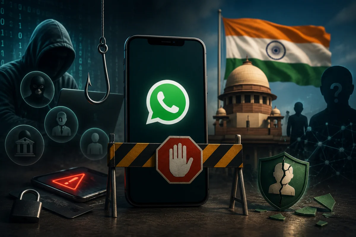 Illustration depicting WhatsApp's usernames rollout being paused in India due to concerns over fraud, phishing, impersonation, identity theft, and increased regulatory scrutiny over user safety and digital security.