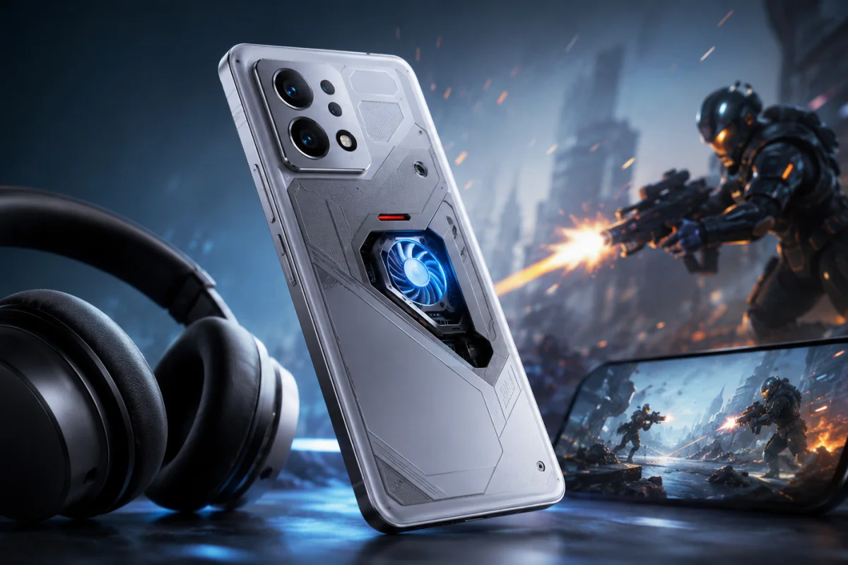 Xiaomi Redmi K90 Ultra gaming smartphone featuring an active cooling fan, high-performance design, and companion wireless headphones in a futuristic gaming setup.