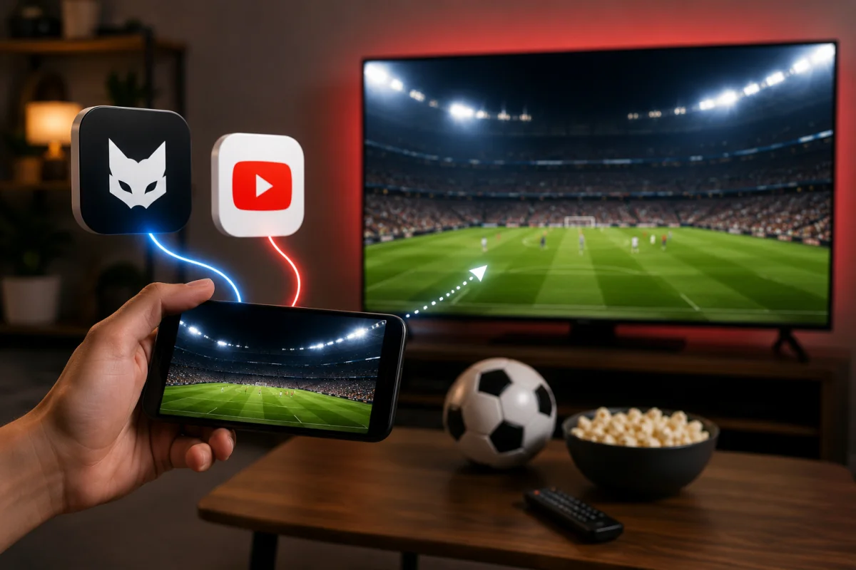 Person streaming a live football match from a smartphone to a television, representing YouTube Primetime Channels access to Fox One for World Cup viewing.