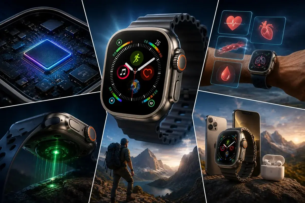 Apple Watch Ultra 4 concept illustrating the expected launch features including the S11 chip, advanced health sensors, improved battery efficiency, and rugged outdoor capabilities.