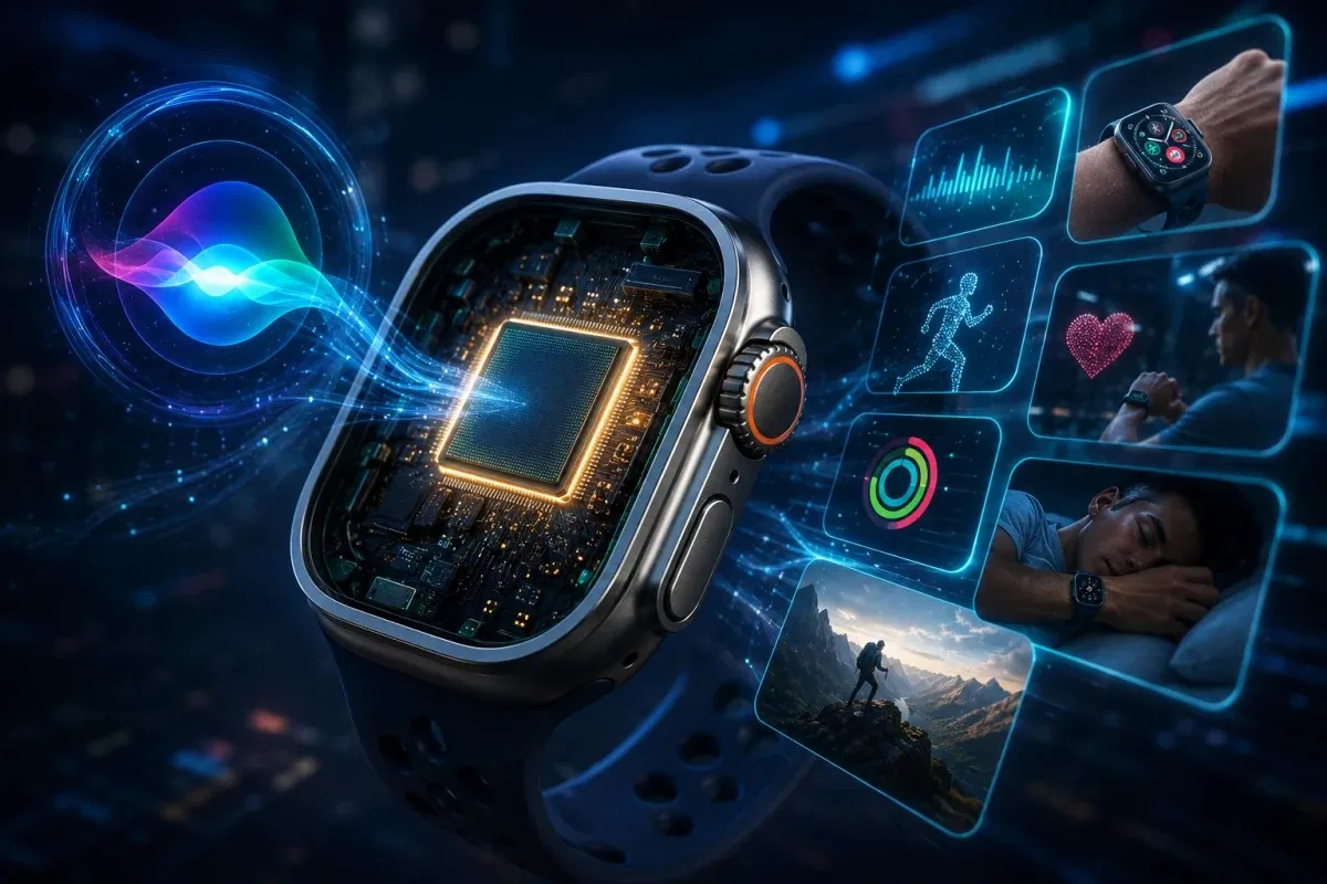 Apple Watch Ultra 4 concept showing the rumored S11 processor powering faster Siri AI, improved performance, and enhanced on-device intelligence.