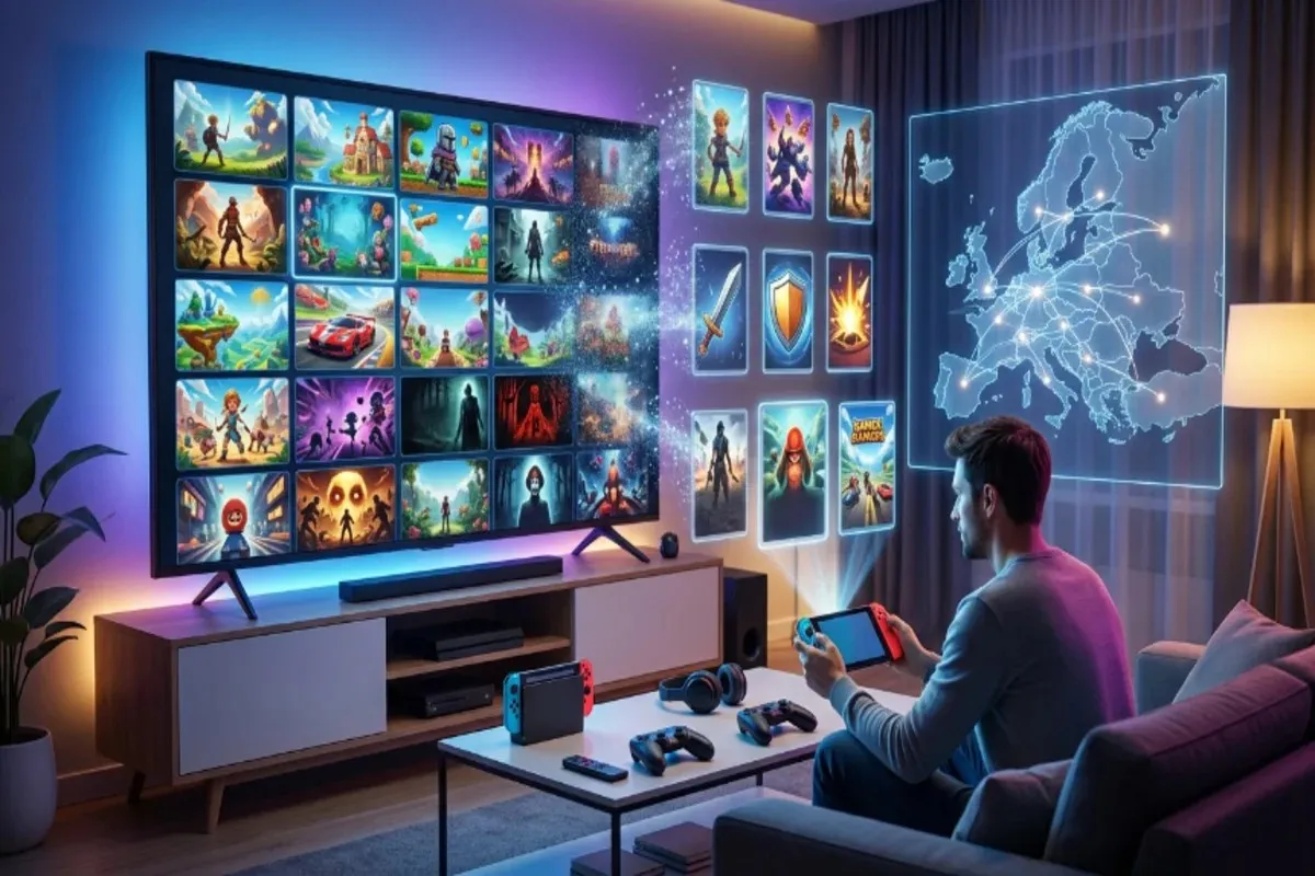 Modern gamer exploring a European eshop sale on a Nintendo Switch with a large digital game marketplace, floating holographic game cards, and a glowing map of Europe in a realistic futuristic gaming setup.